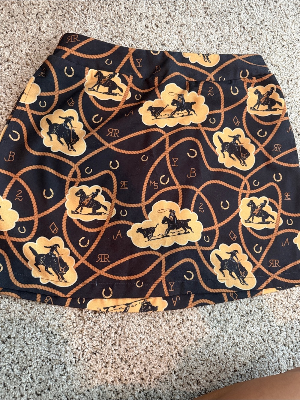 NWT horse and brand Print Mini Skirt in Black and Gold